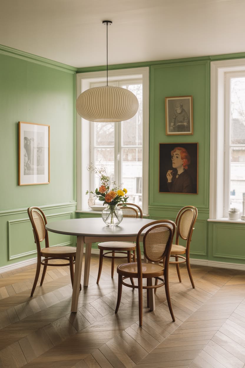 Vintage dining room with sage green walls and cane chairs