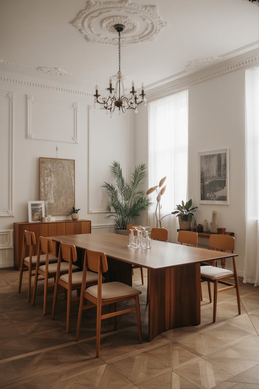 Grand dining room with ornate ceiling and modern chairs