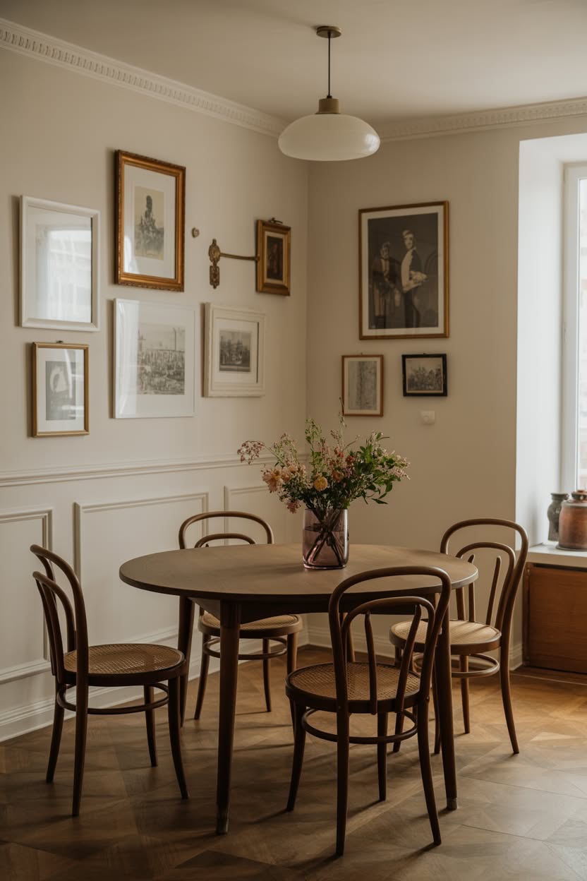 Neutral dining room with bentwood chairs and gallery wall