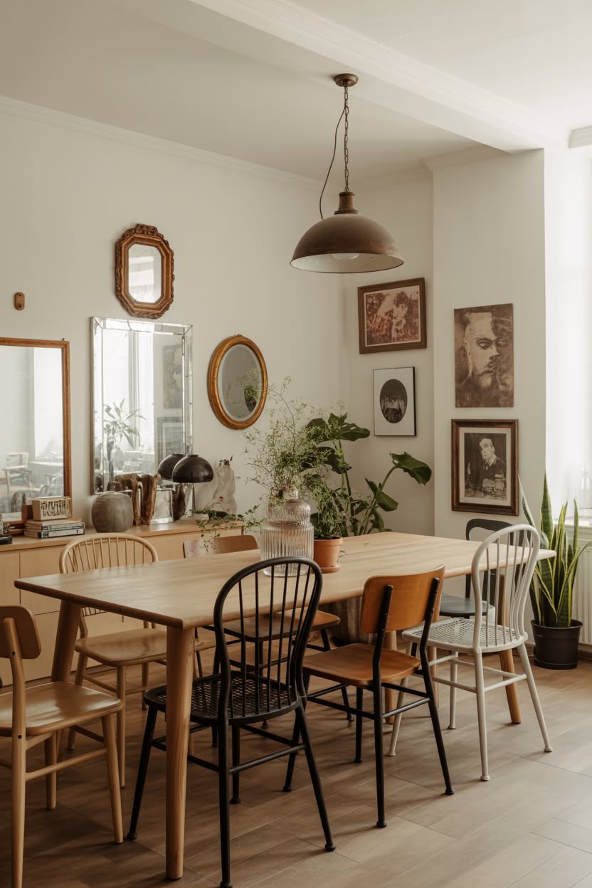 Eclectic dining room with mismatched chairs and gallery wall