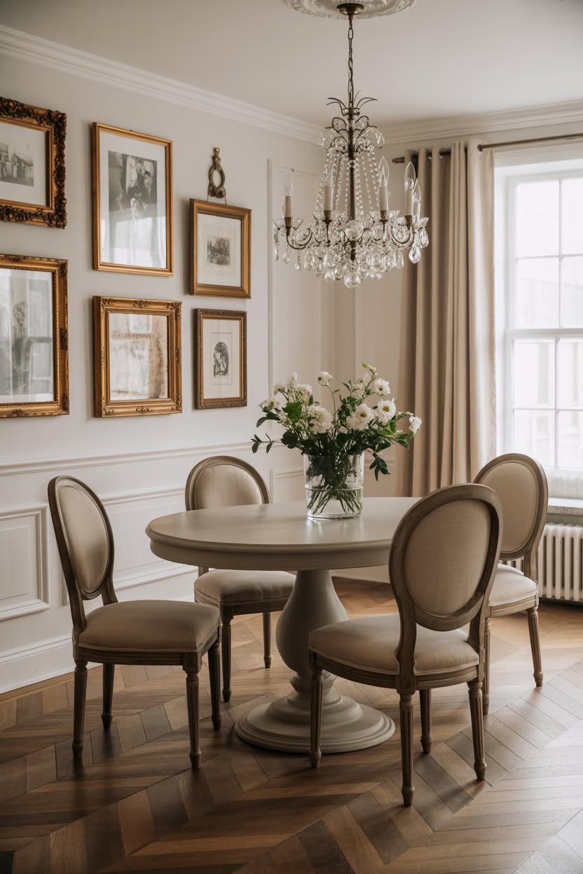 French-inspired dining room with upholstered chairs and crystal chandelier