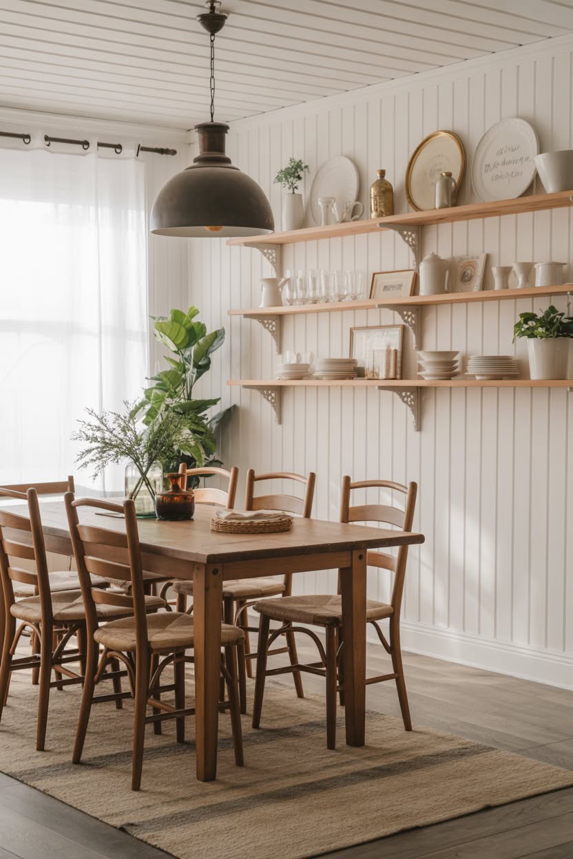 Farmhouse dining room with ladder-back chairs and open shelving