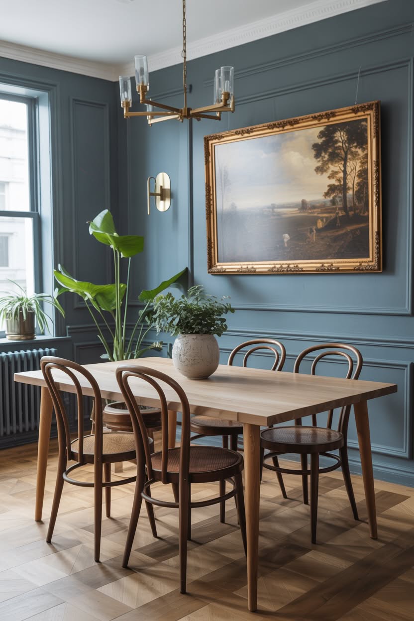 Modern dining room with blue walls and bentwood chairs