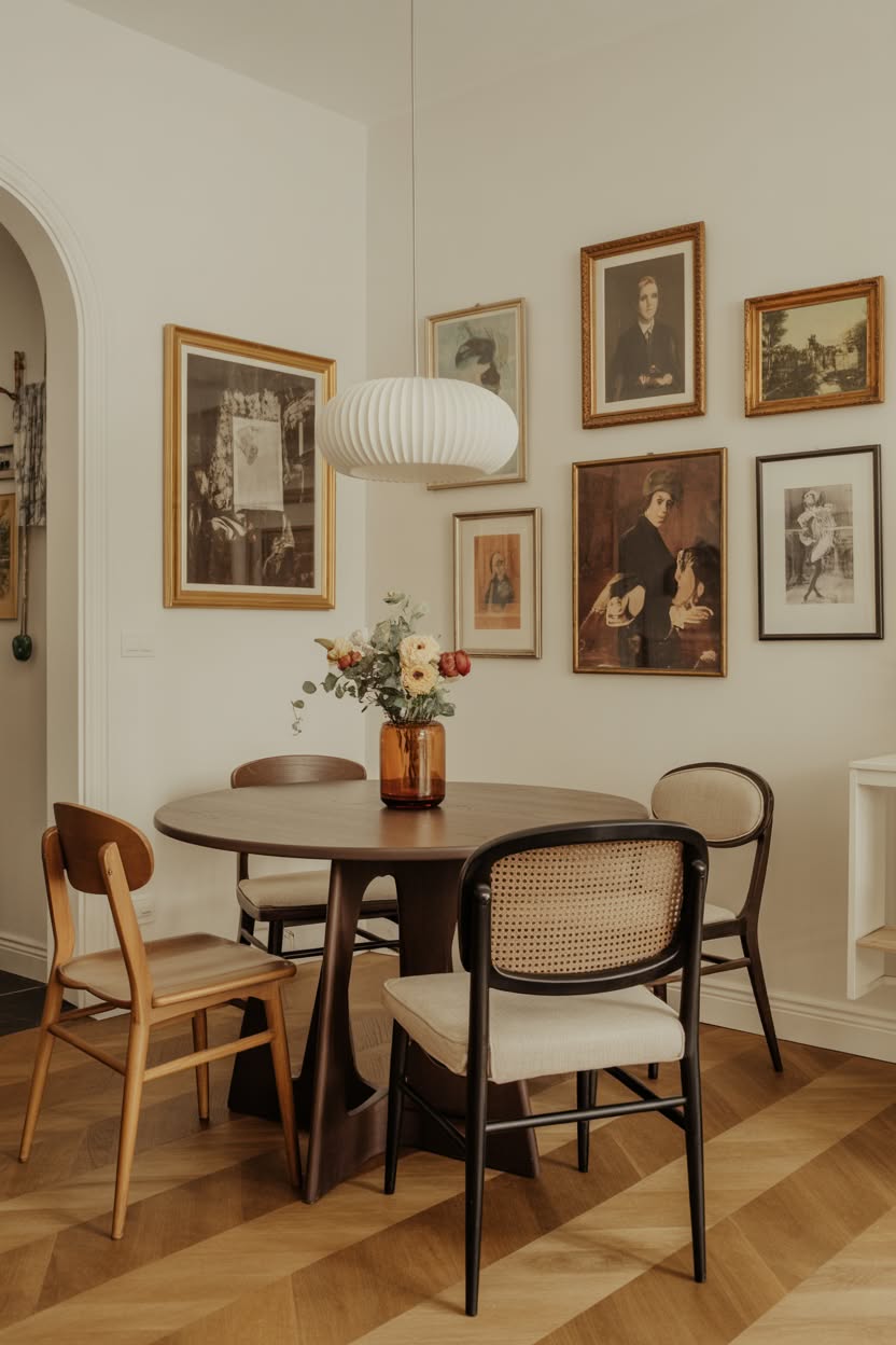 Eclectic dining room with vintage portraits and cane chairs