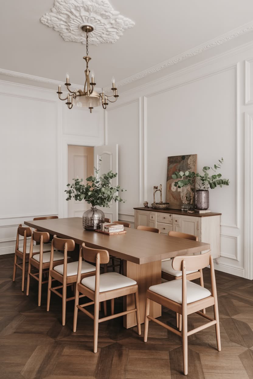 Scandinavian dining room with modern chairs and brass chandelier