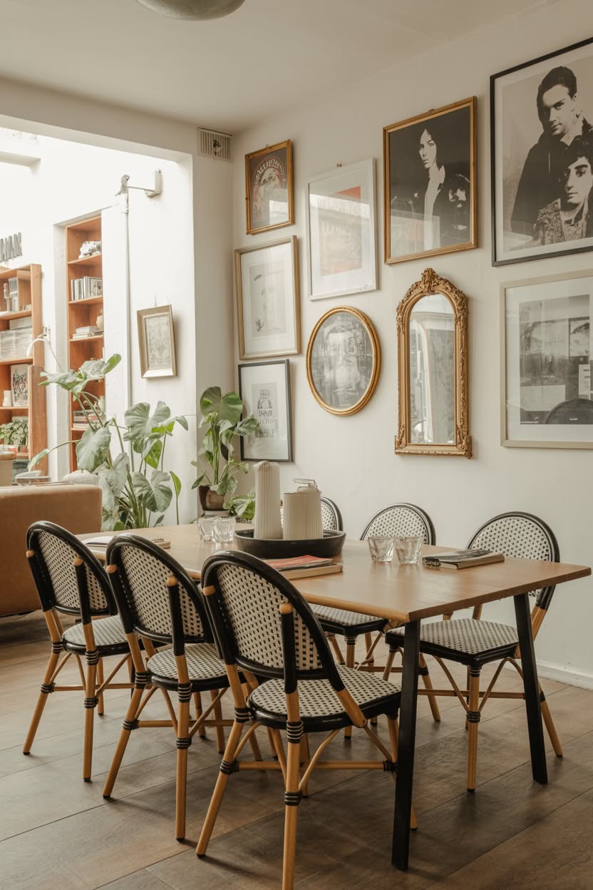 Dining room with bistro chairs and eclectic gallery wall