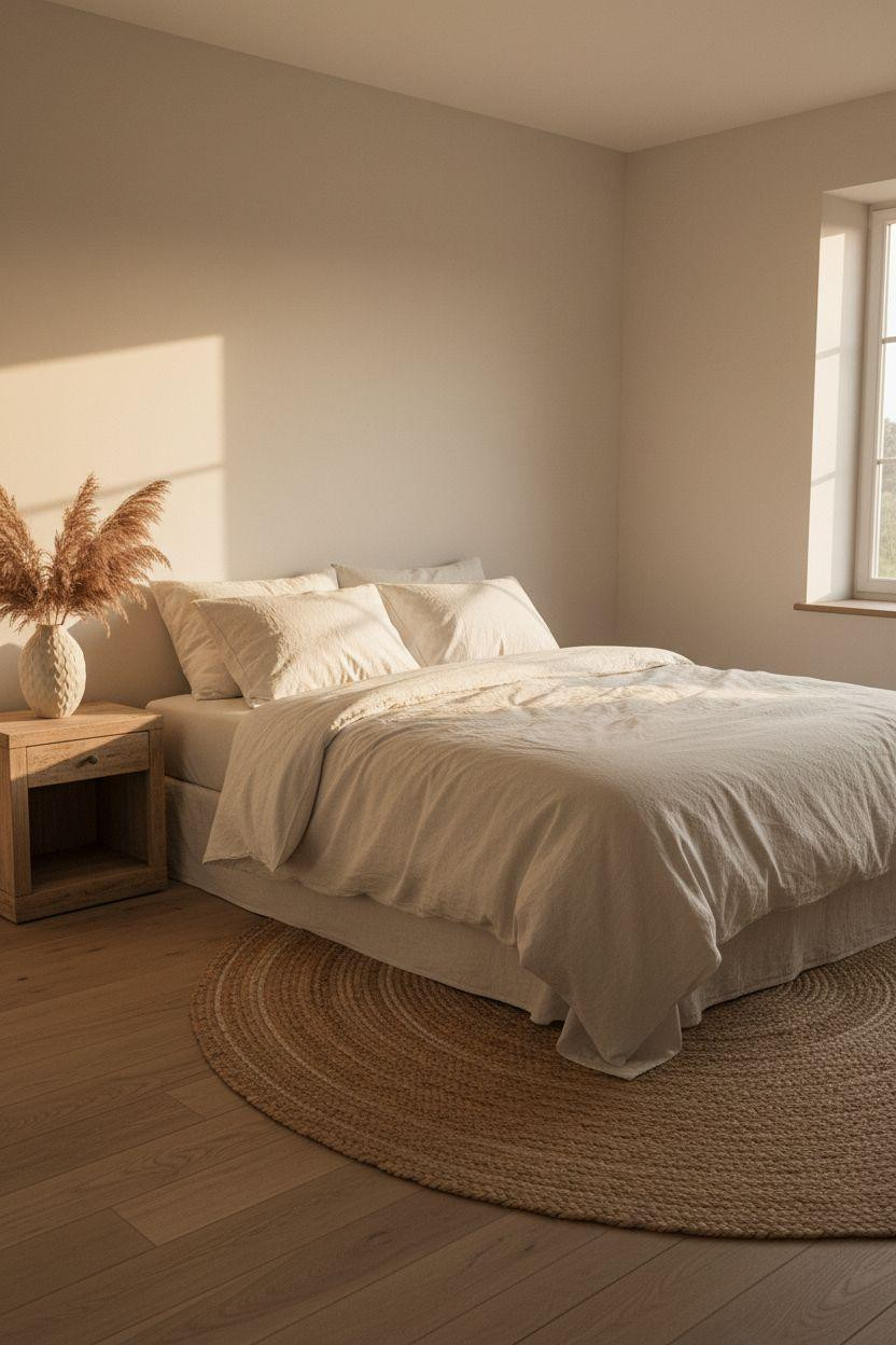 Neutral Bedroom Decor - warm neutral bedroom with jute rug and oak nightstand