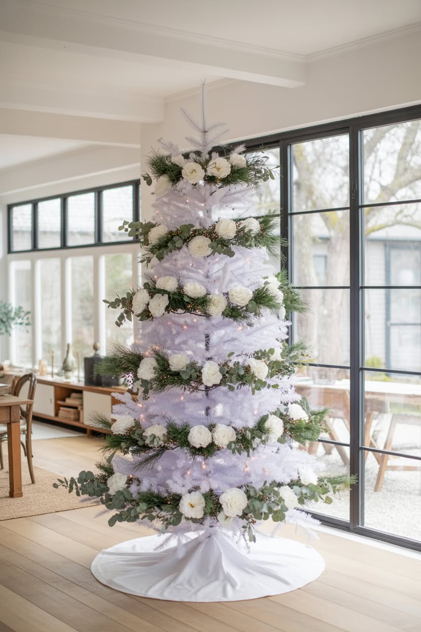 white flocked christmas tree decorated with white roses eucalyptus and greenery in modern living room with black windows