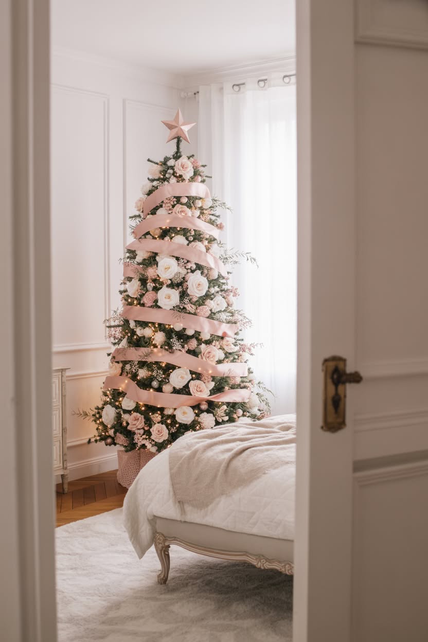 white christmas tree with pink ribbon garland white roses and blush ornaments in elegant white bedroom with rose gold star topper