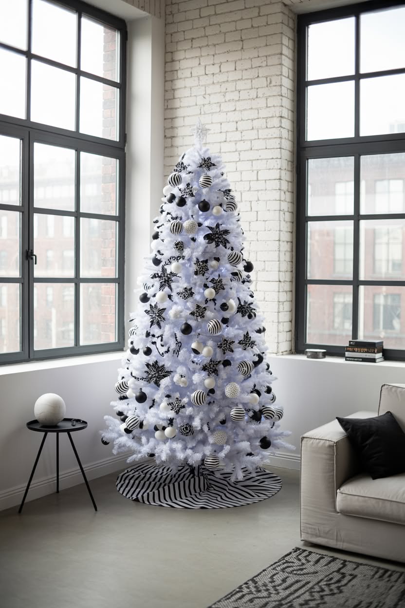 white christmas tree with black ornaments striped baubles and geometric decorations in industrial loft with exposed brick