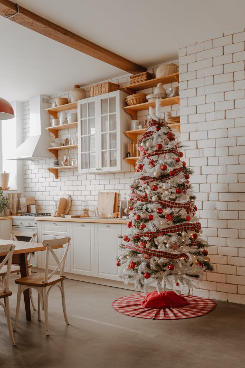 white flocked christmas tree with red buffalo check ribbon and ornaments in white farmhouse kitchen with open shelving