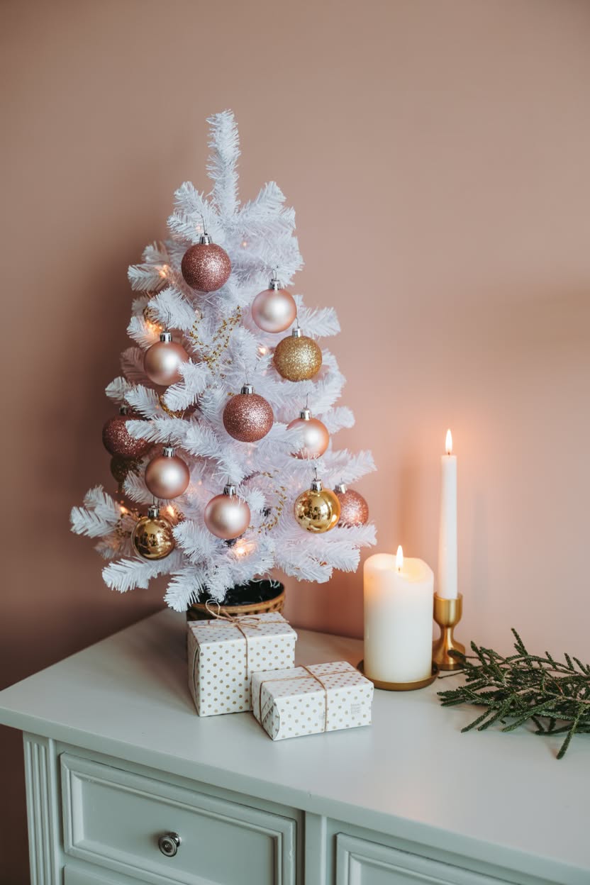 small white christmas tree with rose gold and blush ornaments on mint dresser with candles and wrapped gifts