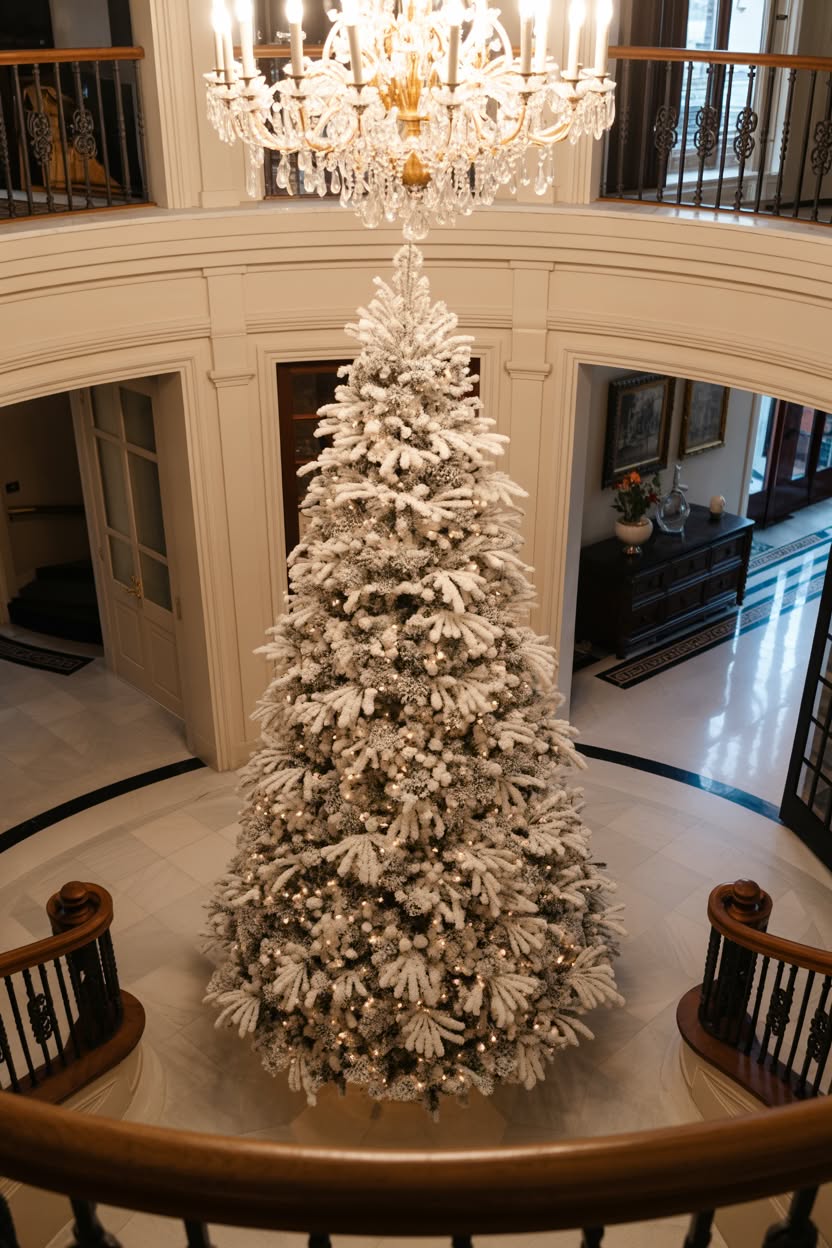 tall white flocked christmas tree with warm lights viewed from balcony in elegant foyer with crystal chandelier