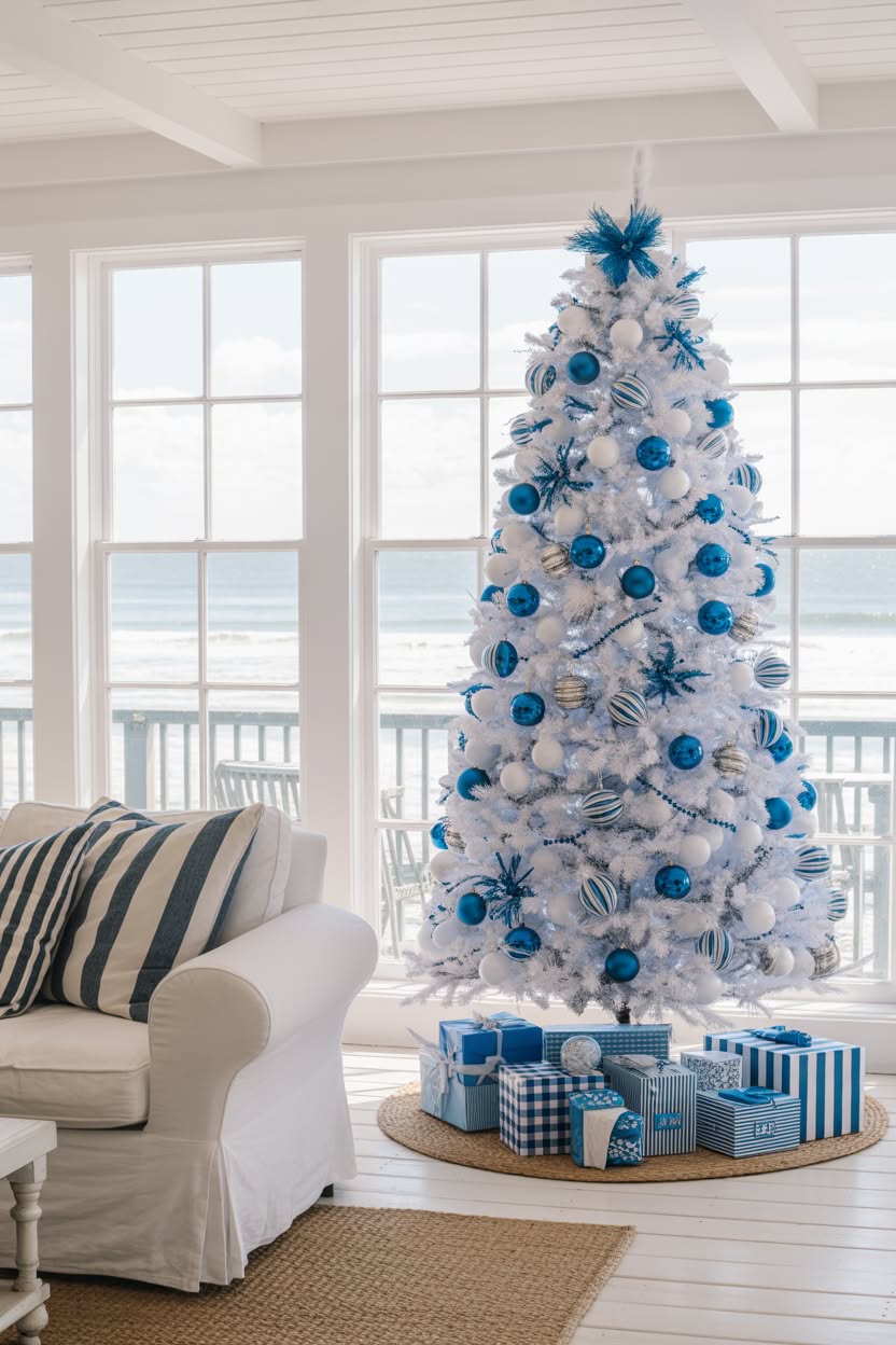 white christmas tree with turquoise and silver ornaments in bright beach house living room with ocean view and striped pillows