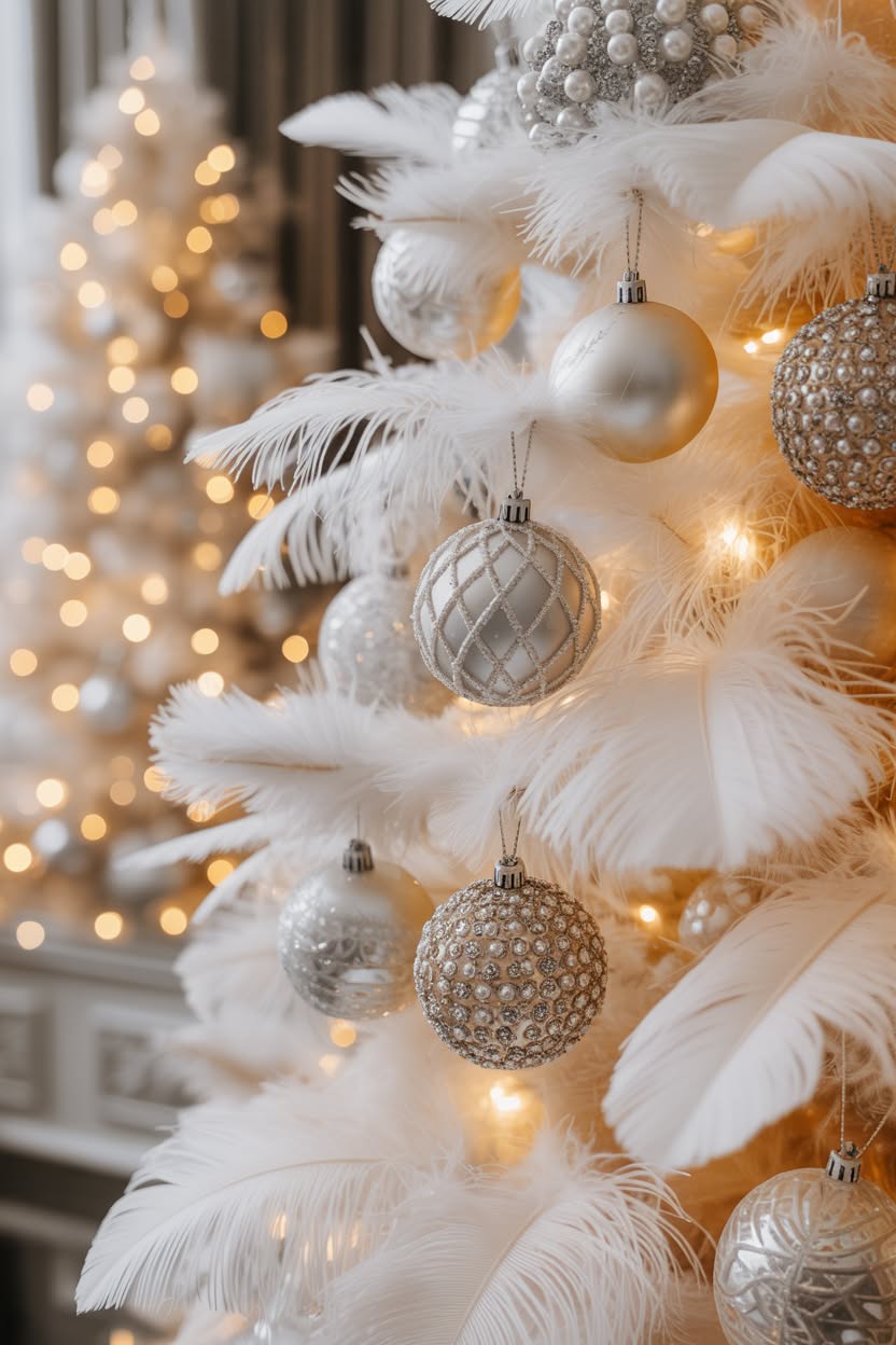 white feather christmas tree with champagne gold and pearl ornaments close up showing luxurious texture and warm lights