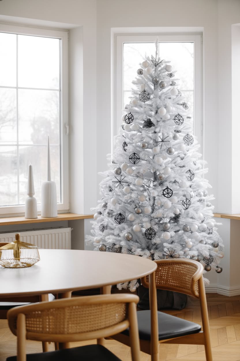 white flocked christmas tree with black geometric ornaments and silver baubles in minimalist dining room with modern chairs