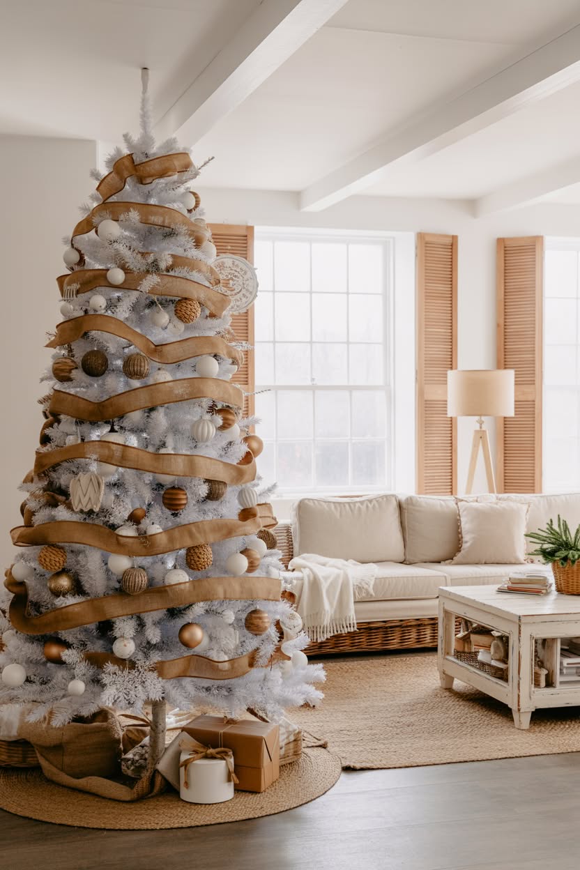 white flocked christmas tree with tan ribbon garland and natural wood ornaments in coastal living room with cream sofa