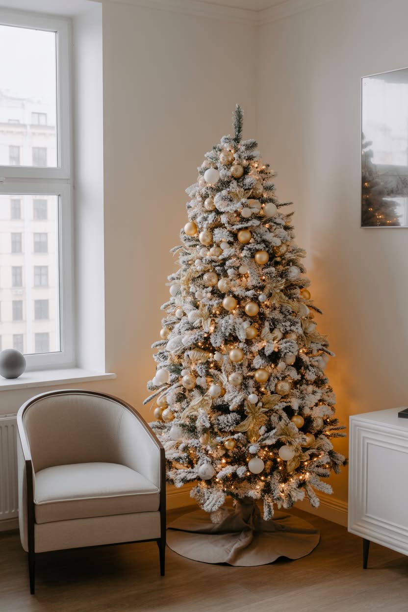 white flocked christmas tree with champagne gold ornaments and warm lights in modern apartment corner next to gray chair