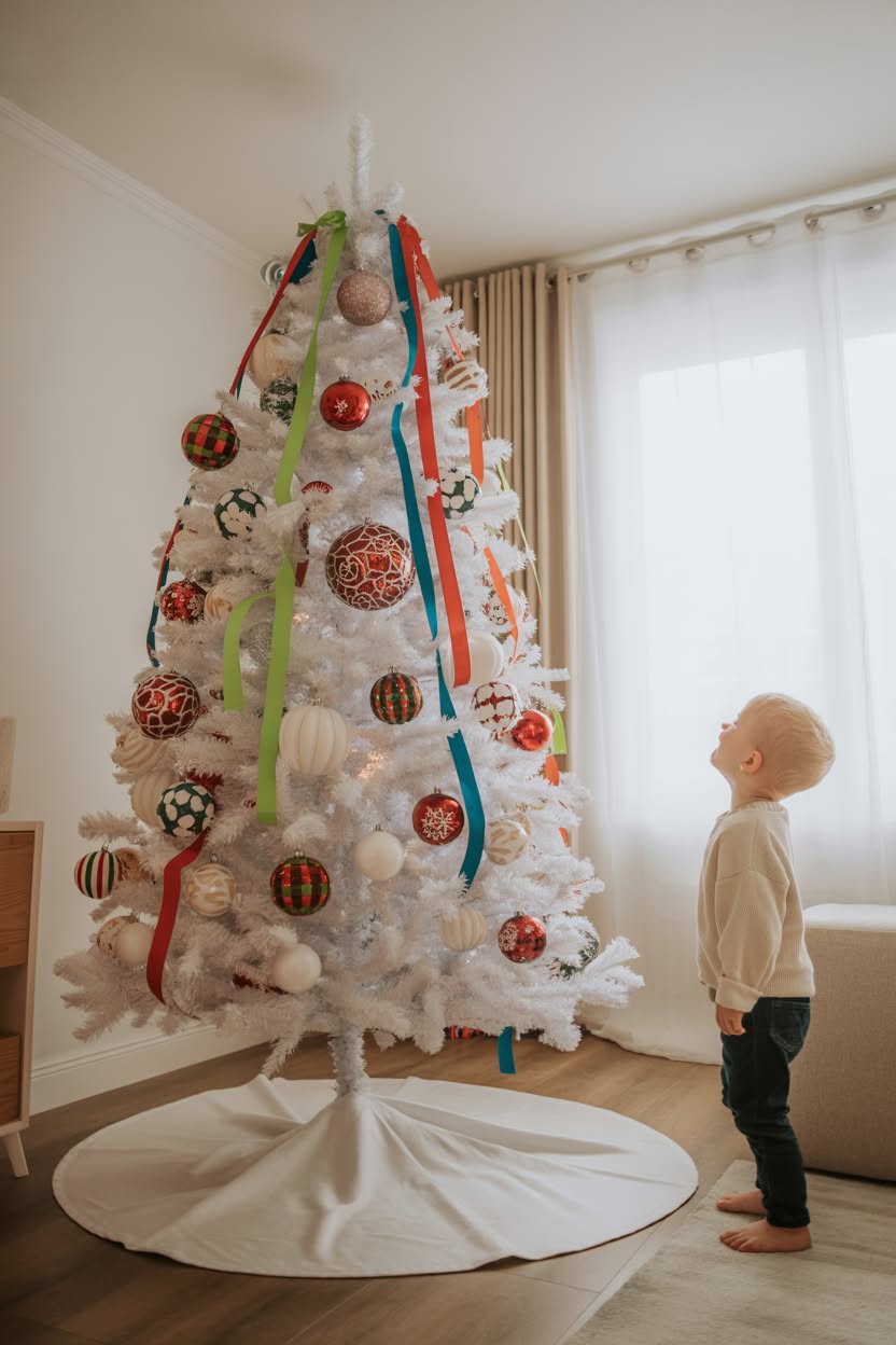 white christmas tree with colorful ribbon garland red and plaid ornaments in bright living room with child looking up