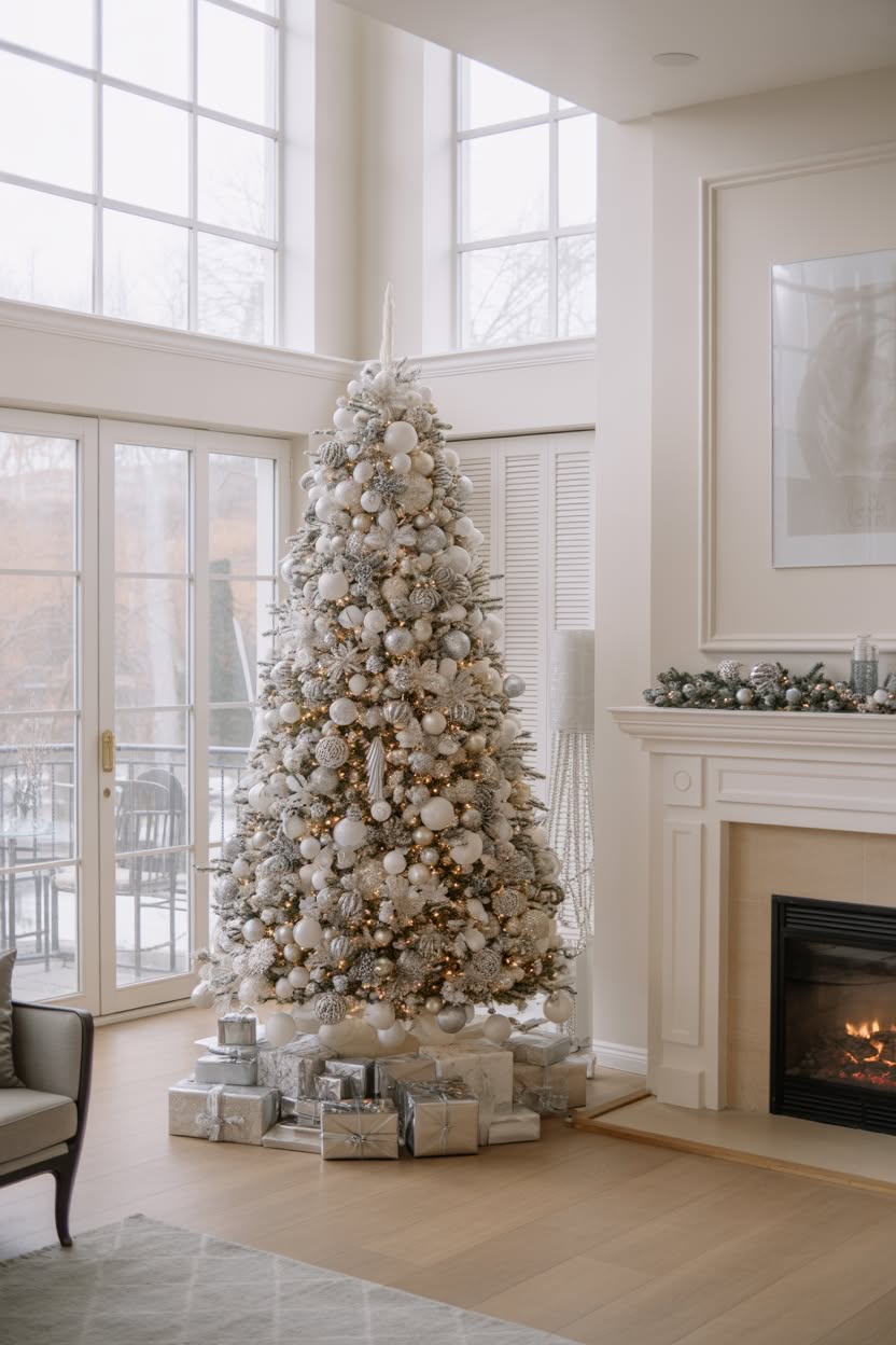 tall white flocked christmas tree with silver and pearl ornaments in bright sunroom with french doors and elegant fireplace
