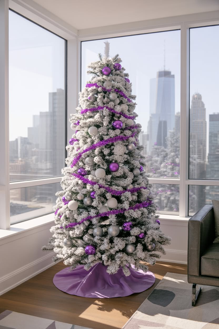 white flocked christmas tree with purple ornaments and garland against city skyline windows in modern apartment