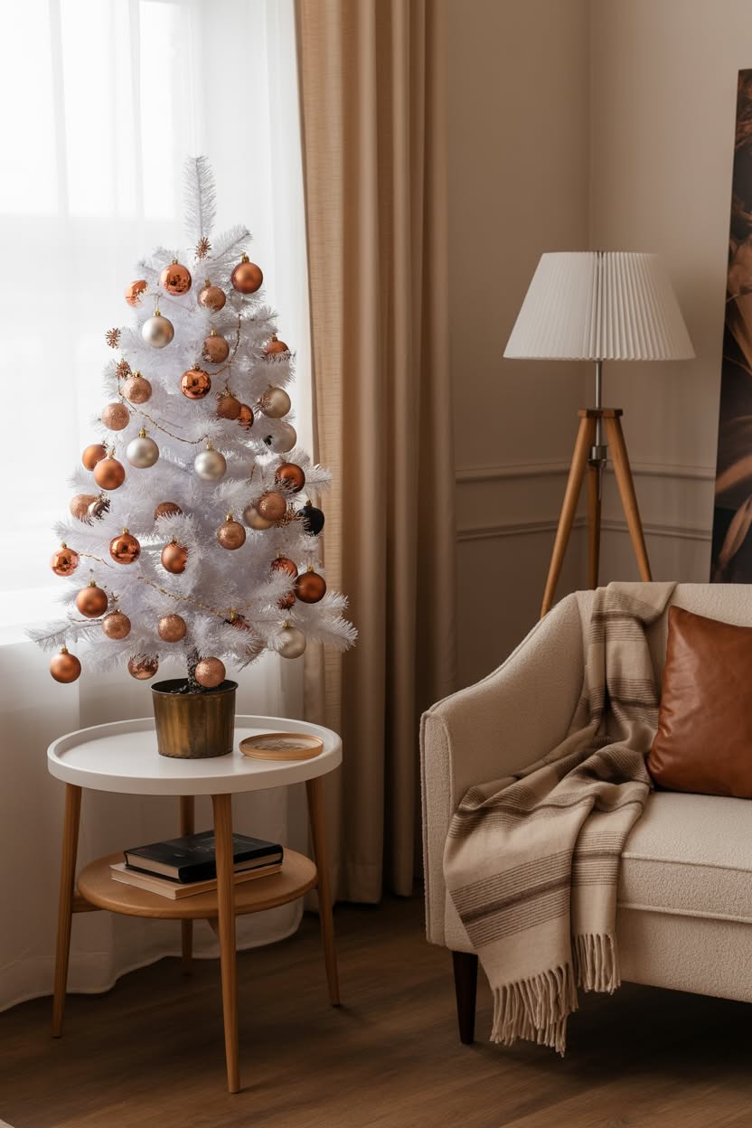 small white christmas tree with copper and cream ornaments on round table next to beige armchair and tripod lamp