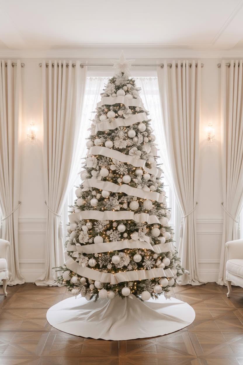 elegant white flocked christmas tree with wide white ribbon garland silver ornaments and snowflakes in traditional room with cream curtains