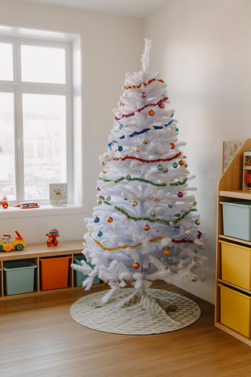 white christmas tree with multicolored tinsel garland and colorful ornaments in bright playroom with toy storage