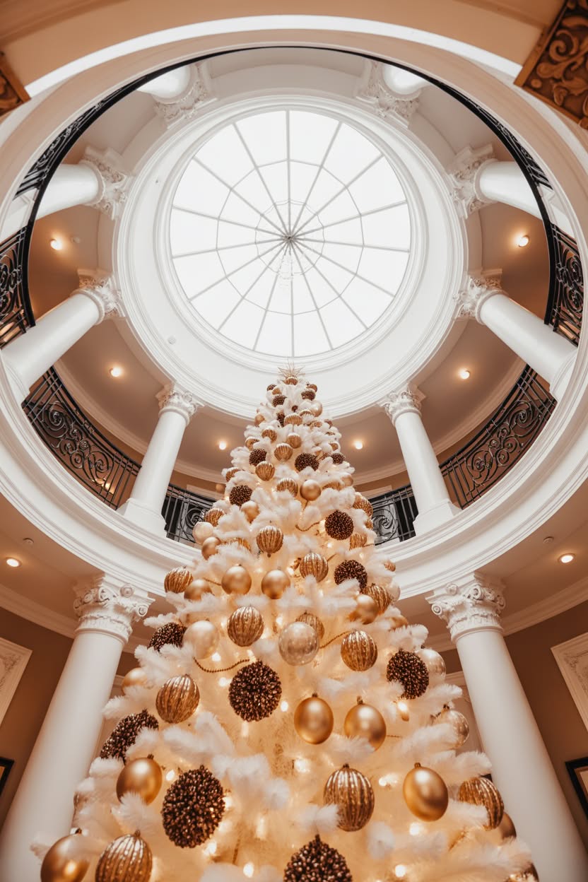 tall white flocked christmas tree with gold and bronze ornaments viewed from above in circular foyer with ornate railings