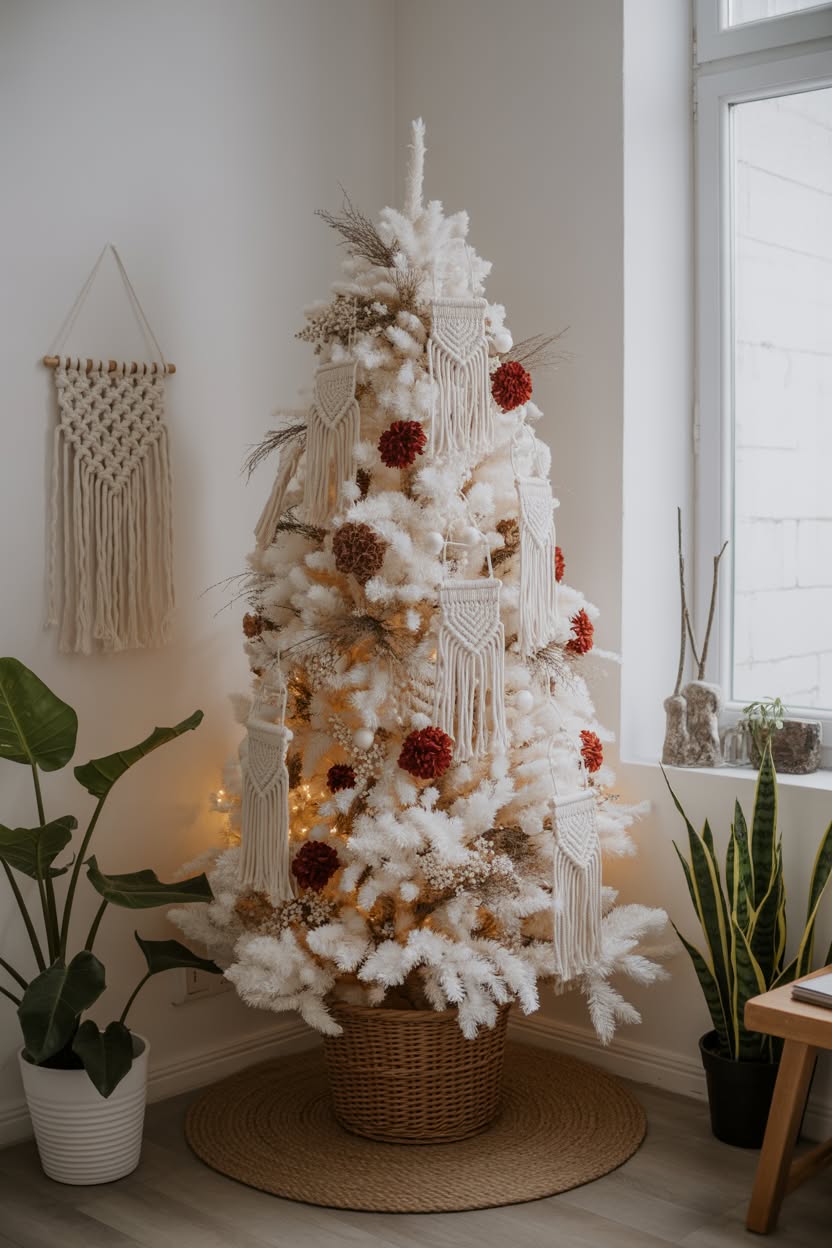 white christmas tree decorated with macrame ornaments dried flowers and pampas grass in wicker basket with boho wall hanging