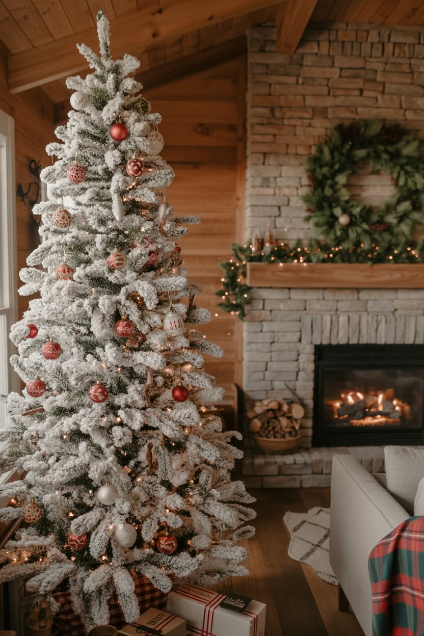 white flocked christmas tree with red and cream ornaments next to stone fireplace in rustic cabin with wood paneling