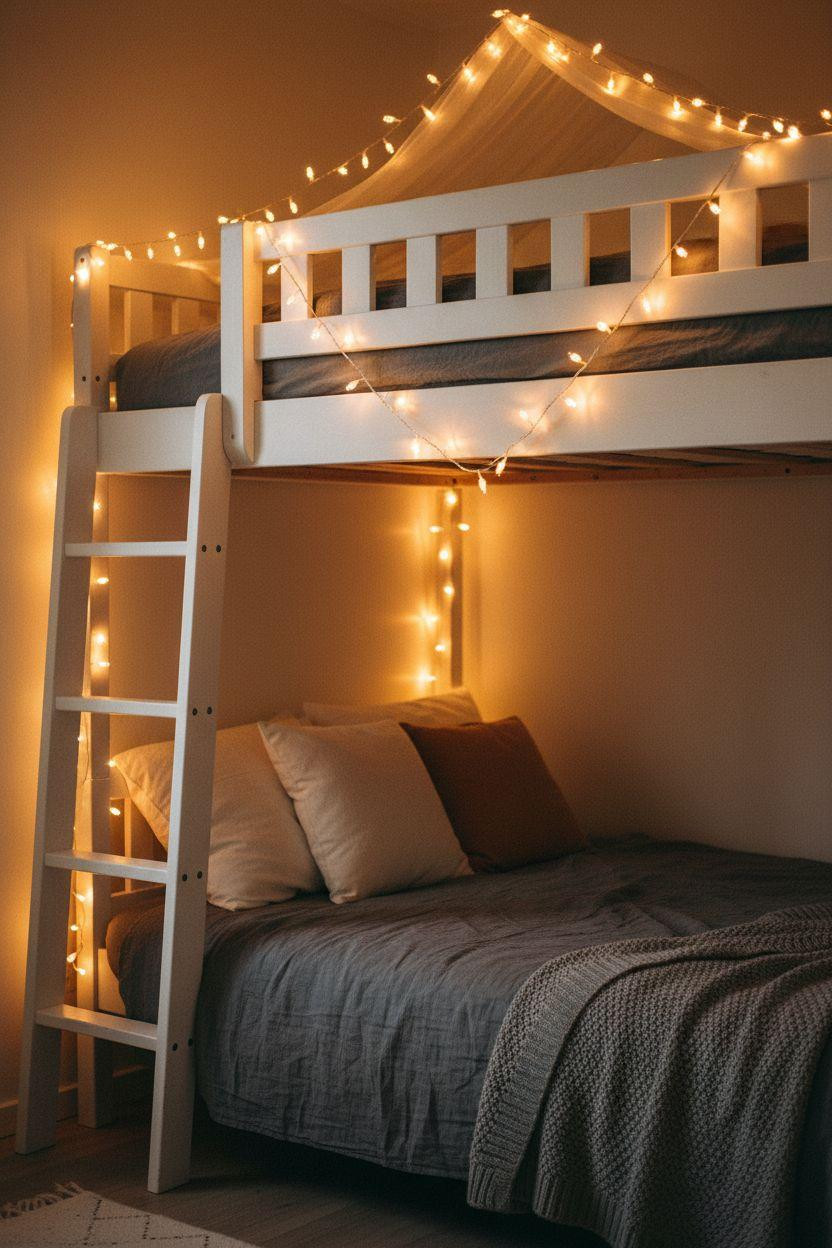 Loft Bed Decorating Ideas - white pine loft bed with cascading warm fairy lights