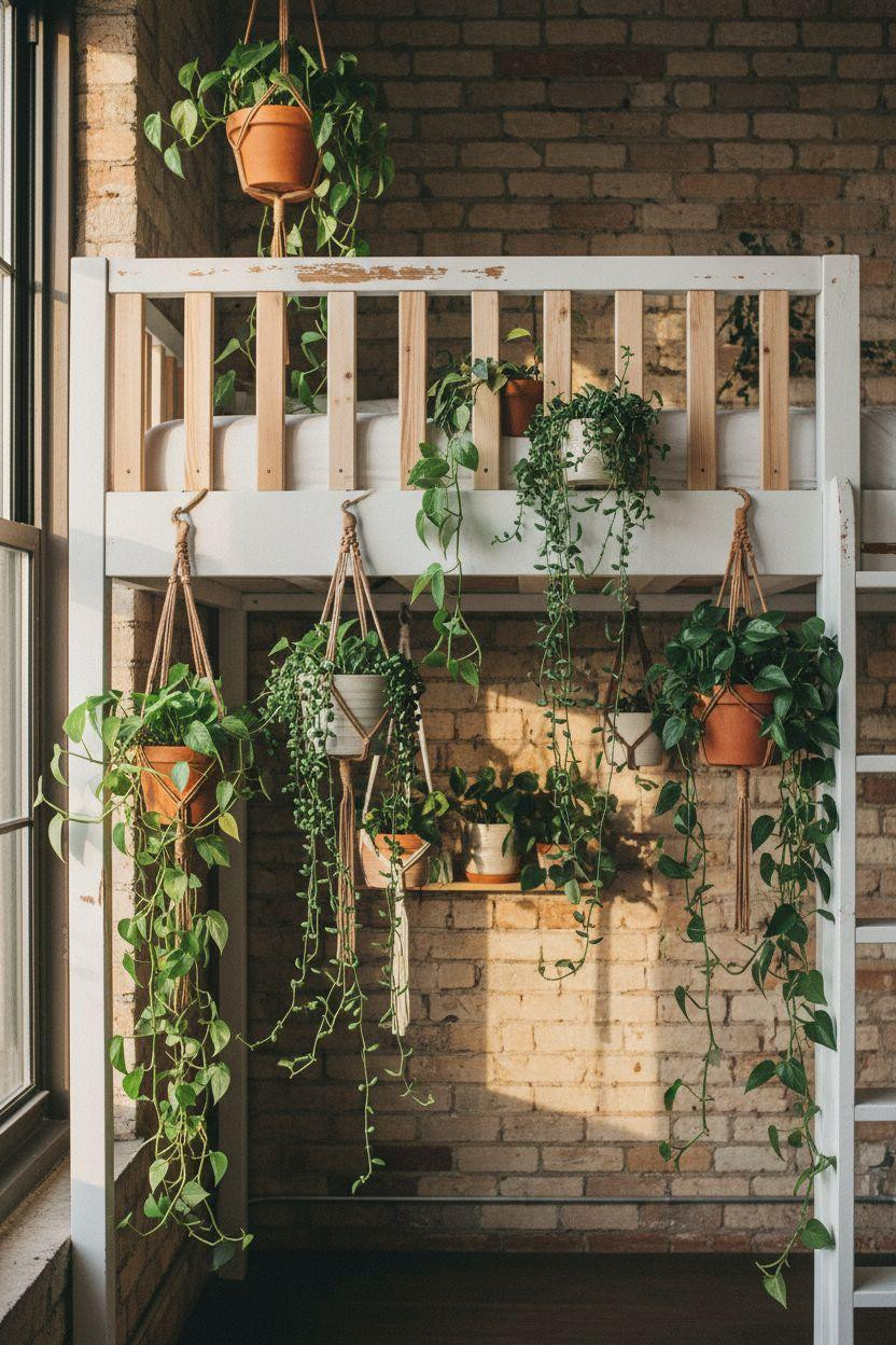 Loft Bed Decorating Ideas - white loft bed with cascading pothos and hanging planters