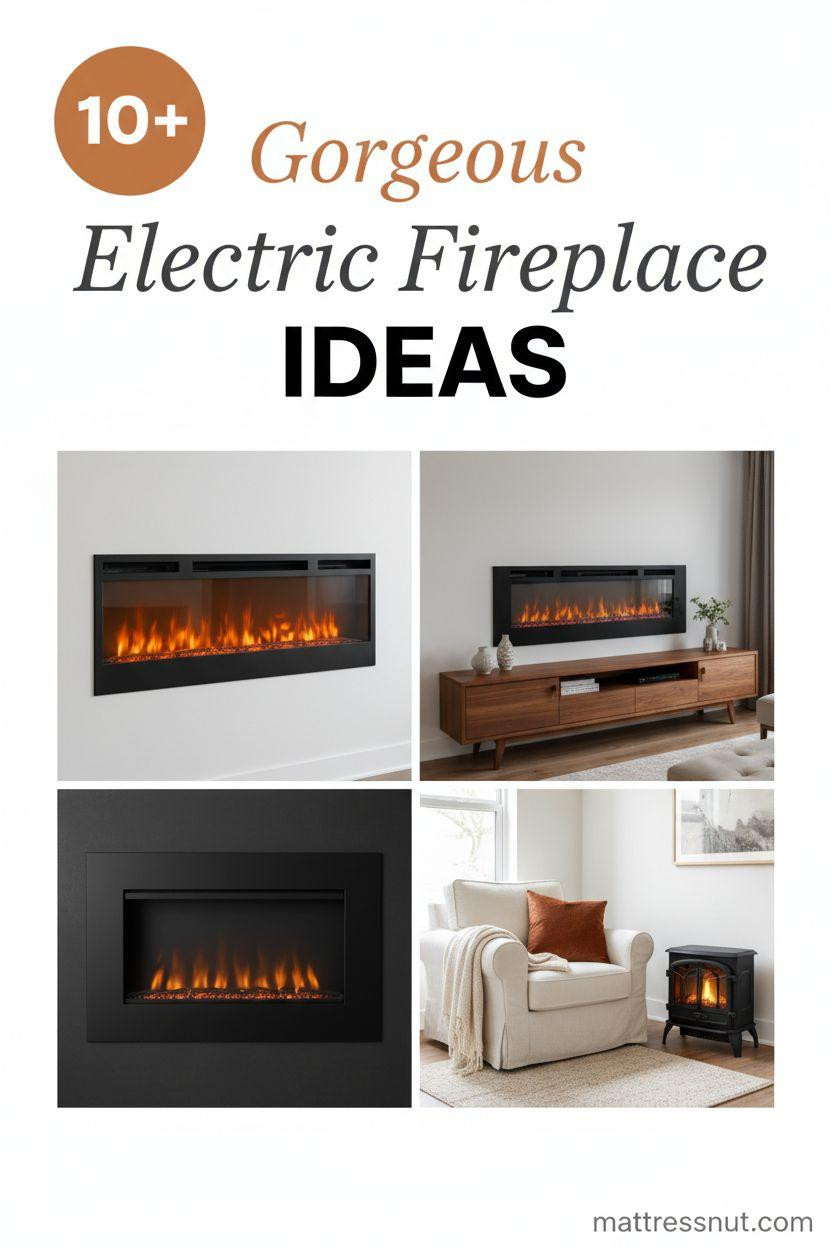 Pinterest board cover collage in 2x2 grid featuring modern electric fireplaces with flame effects, wall-mounted in walnut consoles, matte black inserts with amber LEDs, and cozy corner setups with ivory armchairs and terracotta pillows. Burnt orange palette, white background, tiered text overlay, and subtle watermark.