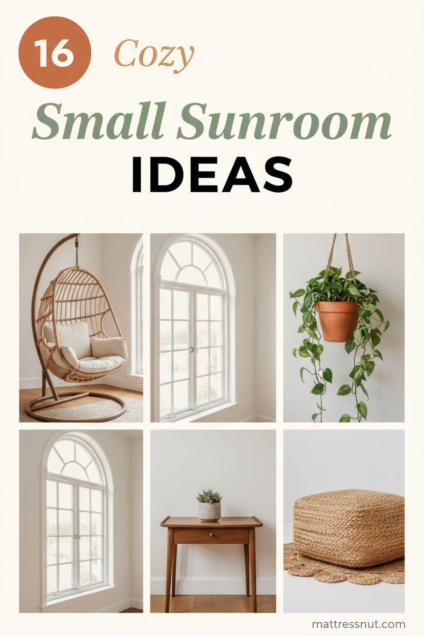 Circular badge with 16 in terracotta orange, overlaid with Cozy in cream cursive, Small Sunroom in sage green italic, and IDEAS in bold black caps. Collage features rattan hanging chair with cushions, terracotta pot with pothos, arched window, jute pouf, wooden table with succulent on ivory background.