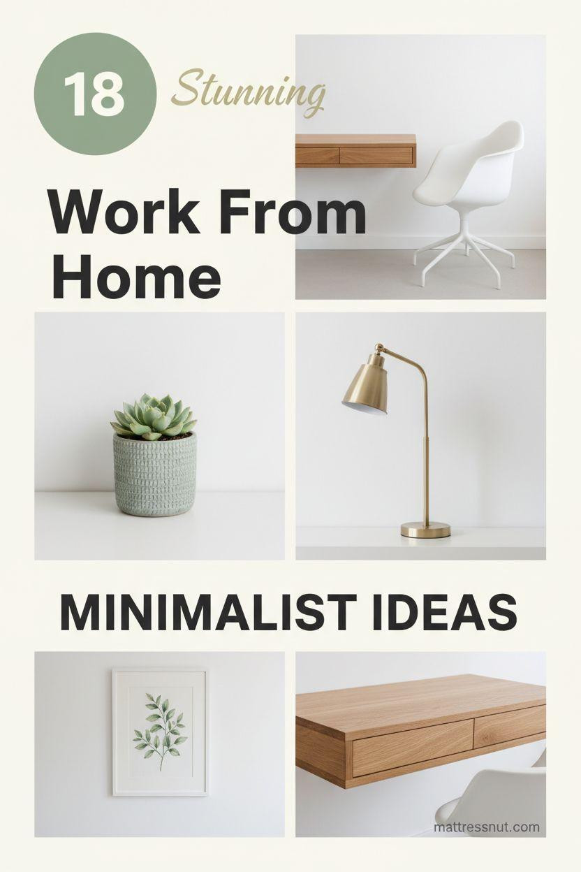 Circular badge with 18 in white on sage green, overlaid with Stunning in cream cursive, Work From Home in bold gray, and MINIMALIST IDEAS in black caps. Collage features oak floating desk, white ergonomic chair, sage succulent, brass lamp, and white wall with botanical print on ivory background.