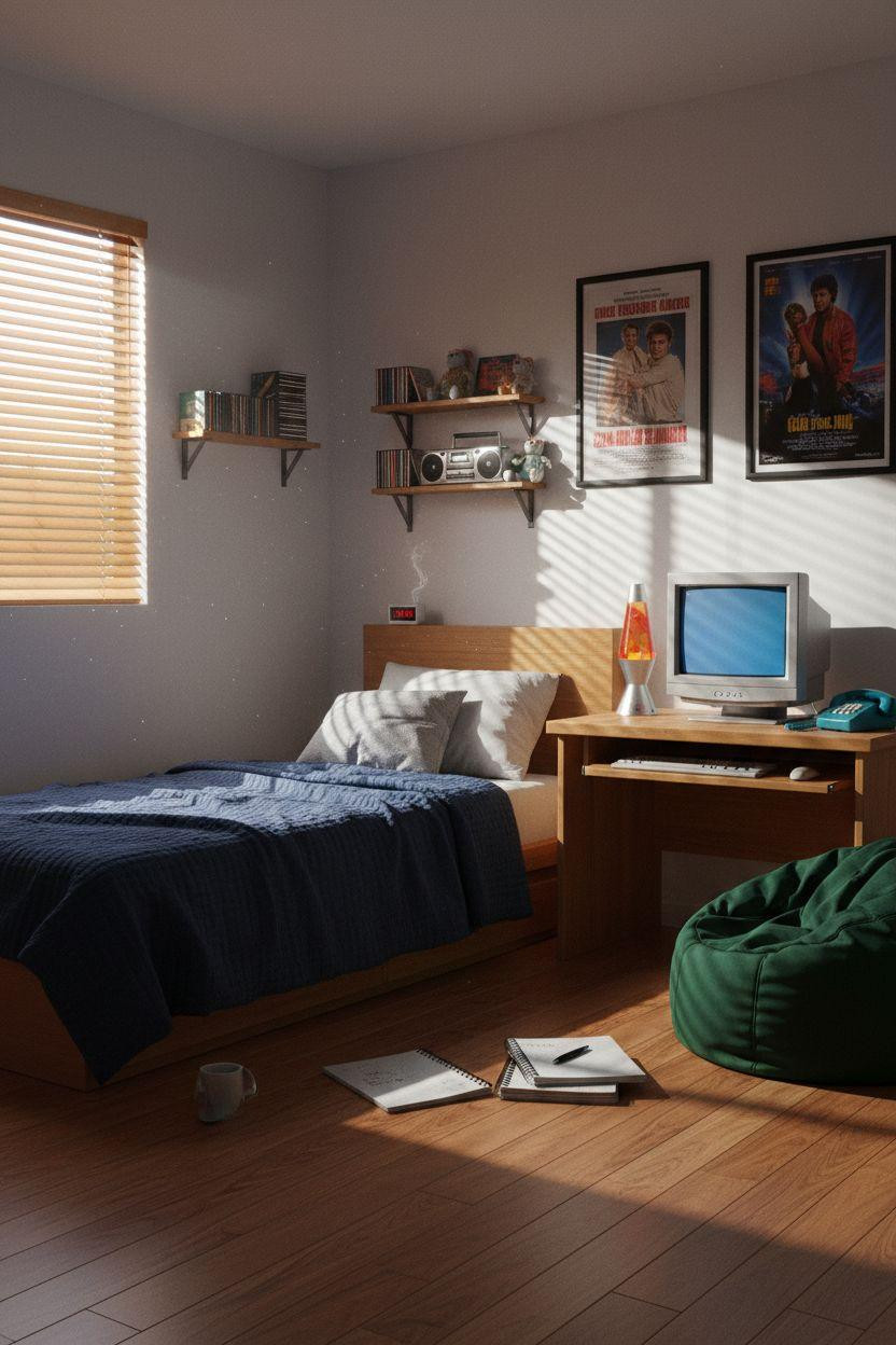 2000s room ideas with maple furniture and navy bedding