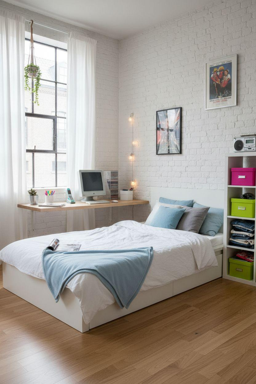 2000s room ideas with Scandinavian furniture and pastel bedding