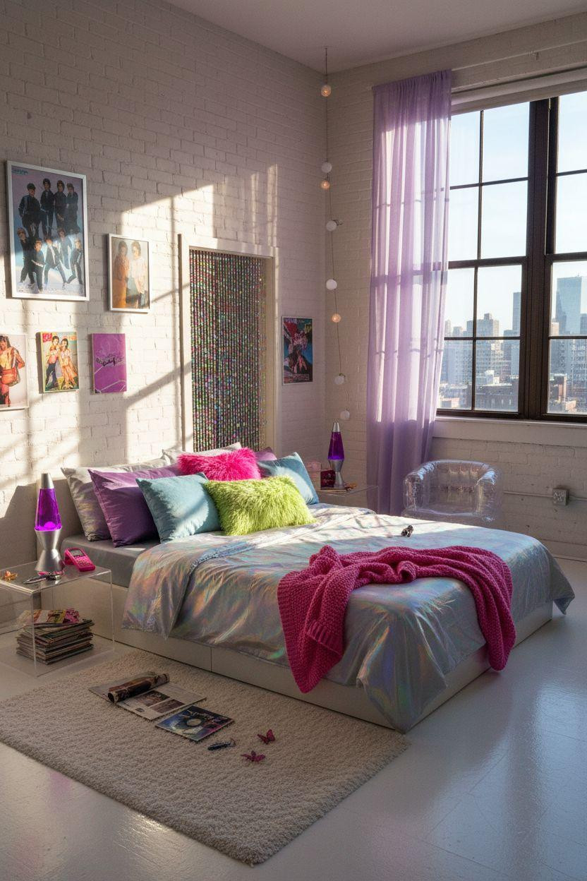 2000s room ideas with holographic duvet and inflatable furniture
