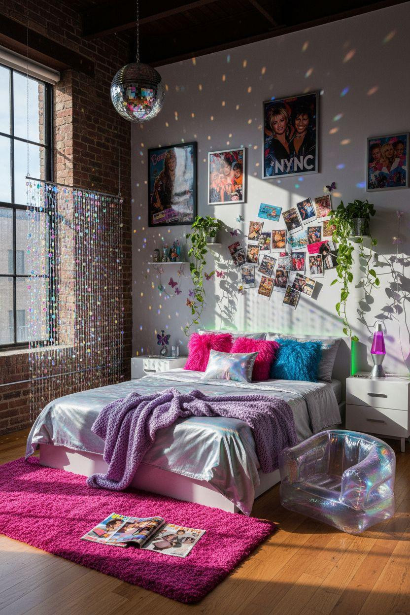 2000s room ideas with plants and metallic bedding