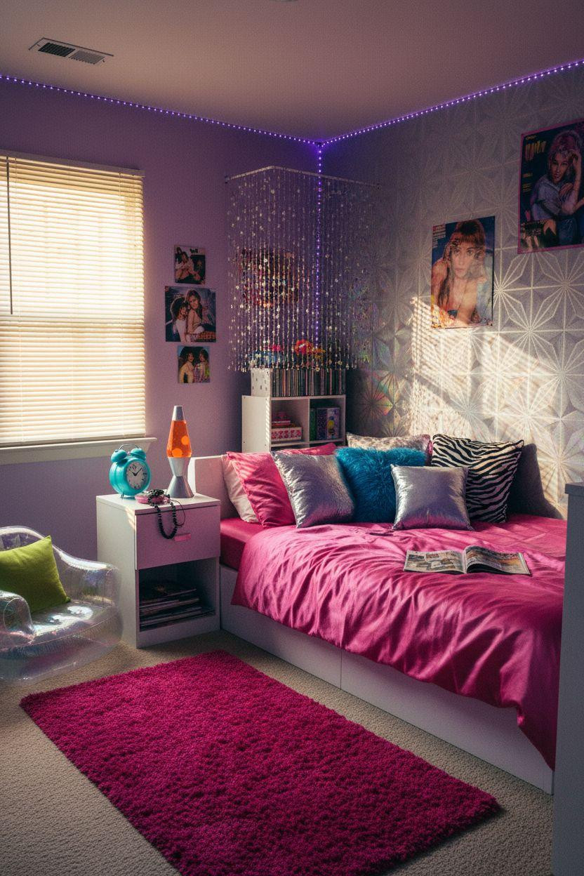 2000s room ideas featuring geometric wallpaper and inflatable furniture