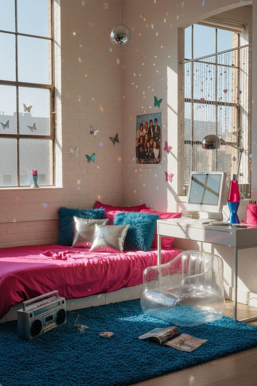 2000s room ideas with inflatable chair and disco ball