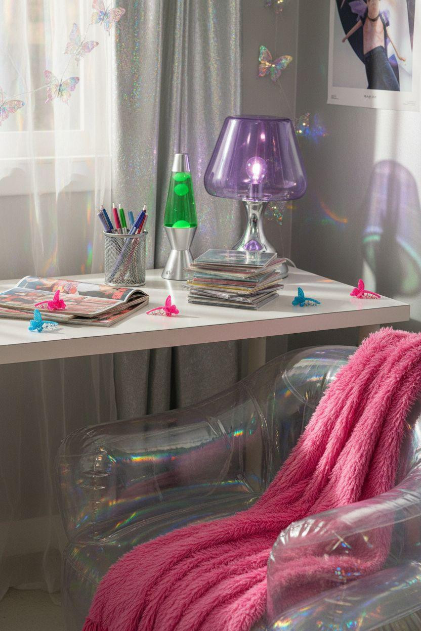 2000s room ideas showing clear desk with chrome accessories