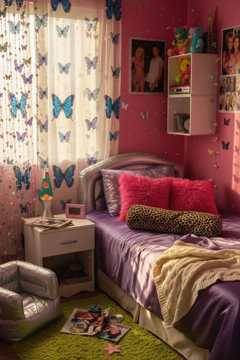2000s room ideas with hot pink walls and holographic butterflies