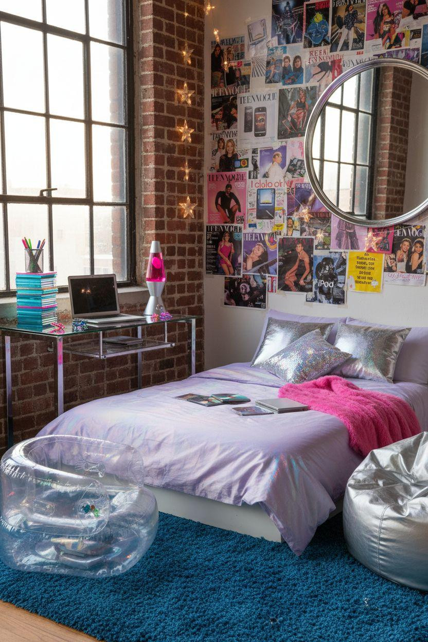 2000s room ideas featuring chrome furniture and lavender bedding