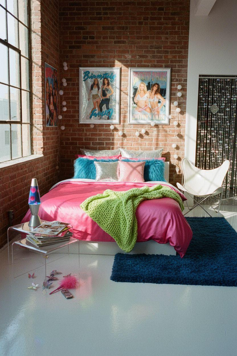 2000s room ideas featuring electric blue rug and metallic furniture