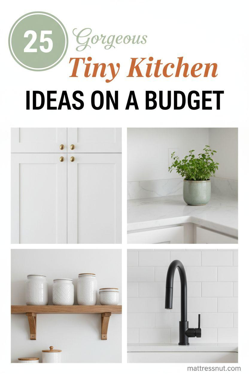 Pinterest board cover collage showcasing compact white Shaker kitchen cabinet with brass knobs, small marble countertop corner featuring sage green herb planter, natural oak floating shelf holding white ceramic containers, and matte black faucet against white subway tile in 2x2 grid layout on cloud white background with elegant text overlay and sage green badge.