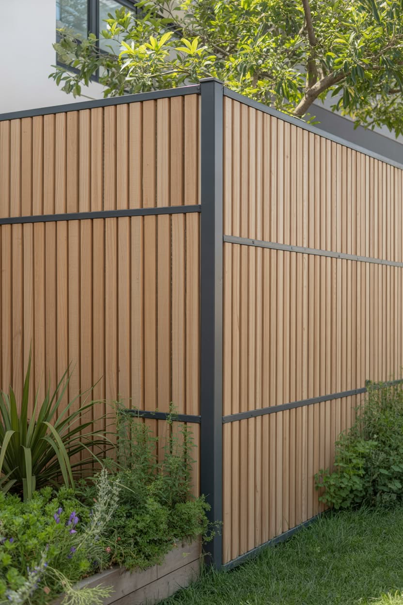 Modern vertical wood slat fence with dark gray metal frame and green garden plantings