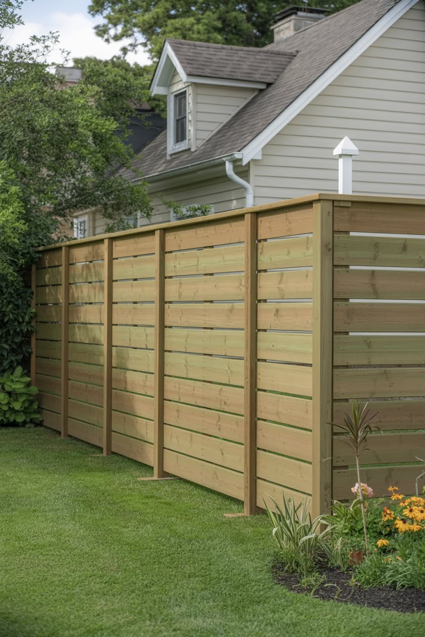 Simple horizontal wood slat fence with wooden posts running along green lawn and flower garden