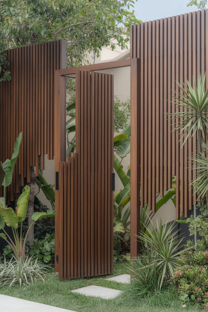 Dark mahogany vertical slat fence with irregular heights surrounded by tropical plants and banana trees